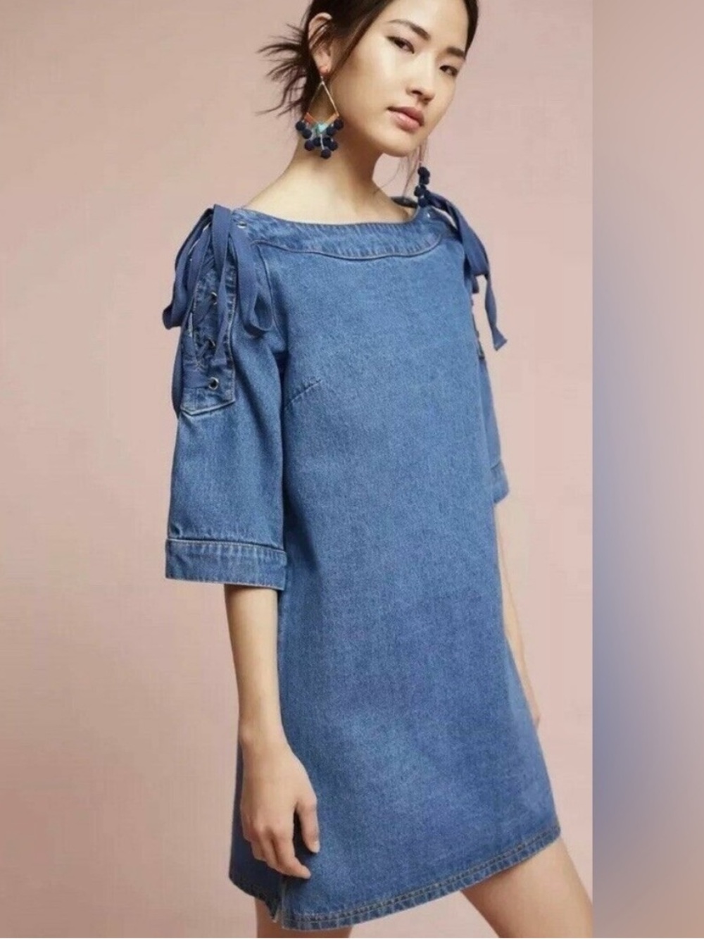 Maeve Anthropologie Denim Lace Up Shoulder Shift Dress XS - Picture 2 of 8